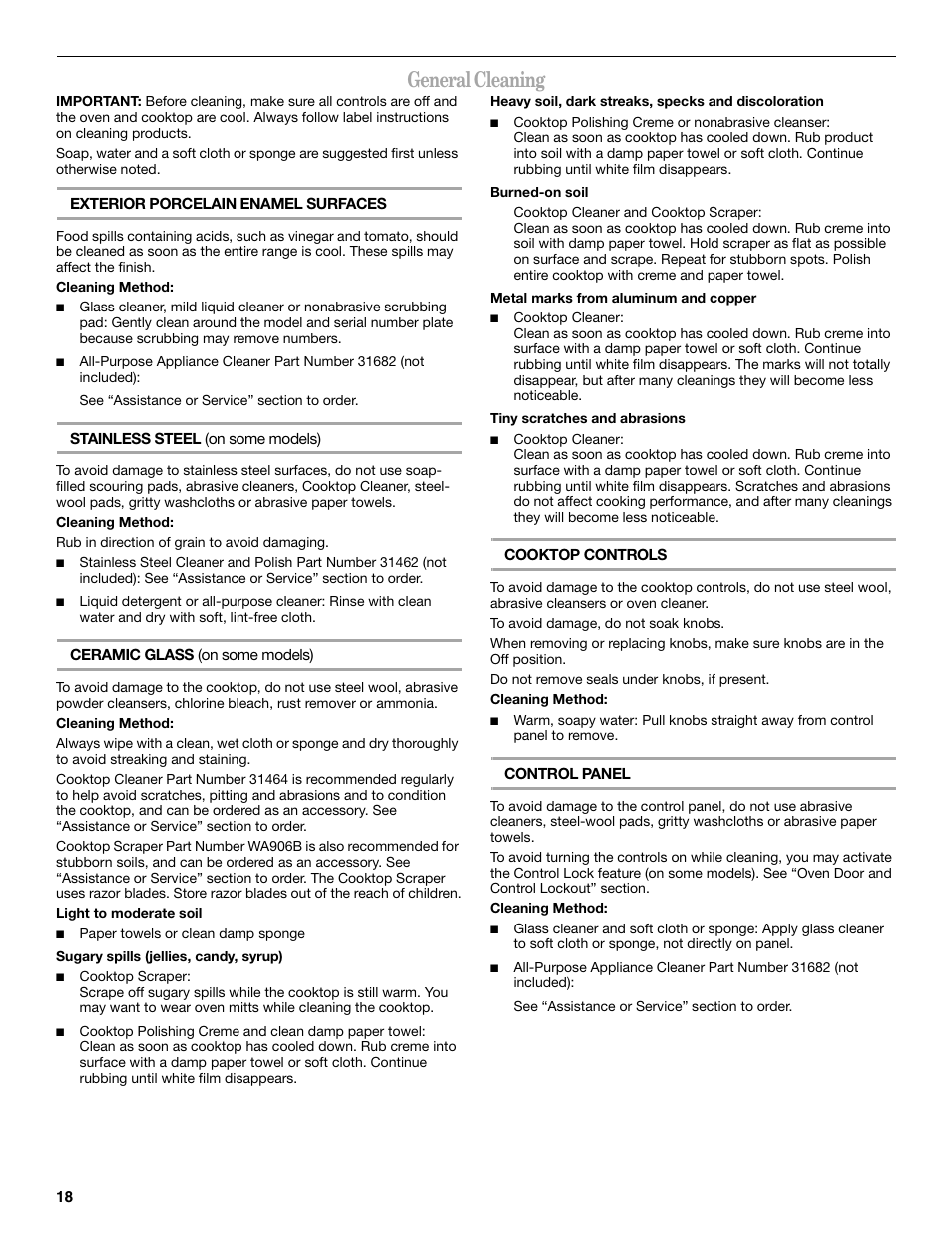 General cleaning | Whirlpool GGE350LWS User Manual | Page 18 / 24
