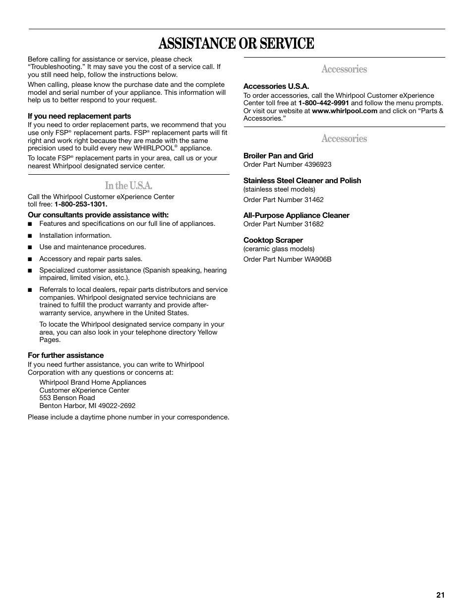 Assistance or service, Accessories | Whirlpool GGE350LWS User Manual | Page 21 / 24