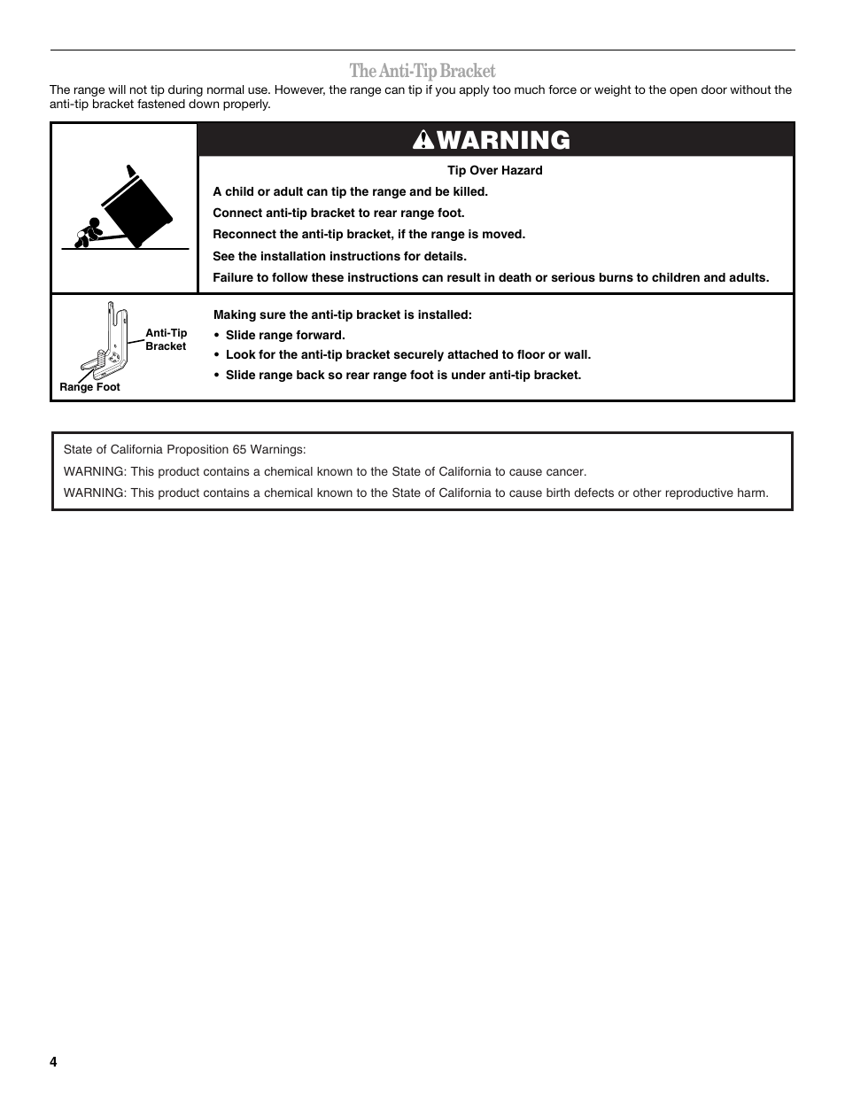 Warning, The anti-tip bracket | Whirlpool GGE350LWS User Manual | Page 4 / 24
