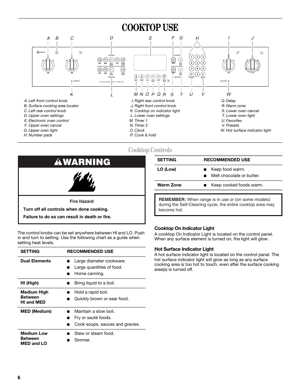 Cooktop use, Warning, Cooktop controls | Whirlpool GGE350LWS User Manual | Page 6 / 24