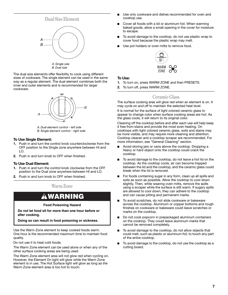 Warning, Dual size element, Warm zone | Ceramic glass | Whirlpool GGE350LWS User Manual | Page 7 / 24