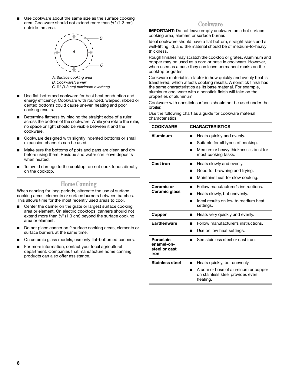 Home canning, Cookware | Whirlpool GGE350LWS User Manual | Page 8 / 24