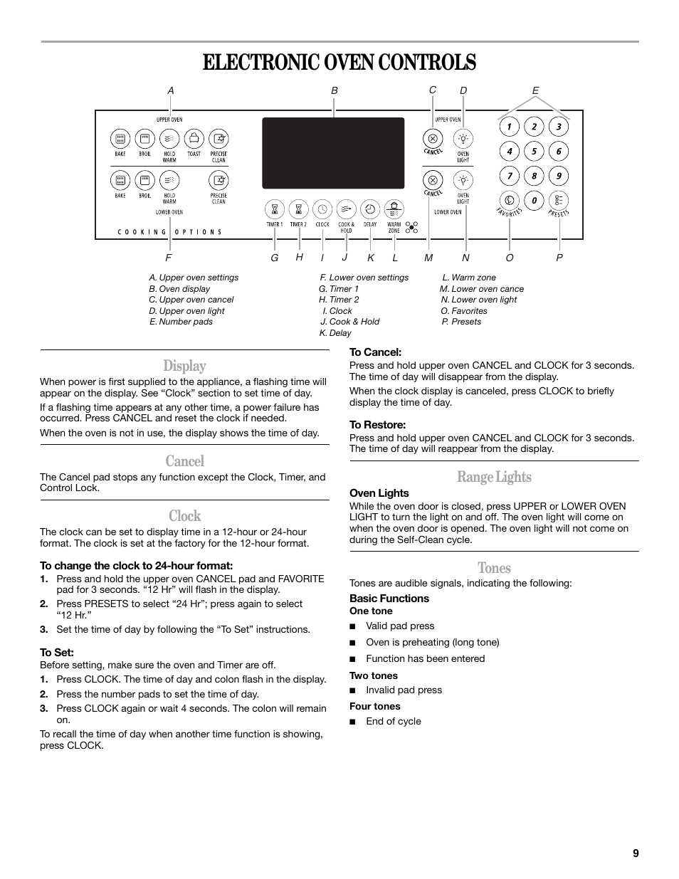 Electronic oven controls, Display, Cancel | Clock, Range lights, Tones | Whirlpool GGE350LWS User Manual | Page 9 / 24