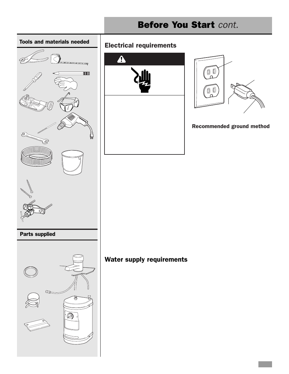 Warning, Before you start cont, Electrical requirements | Water supply requirements | Whirlpool HD1000XSC7 User Manual | Page 5 / 16