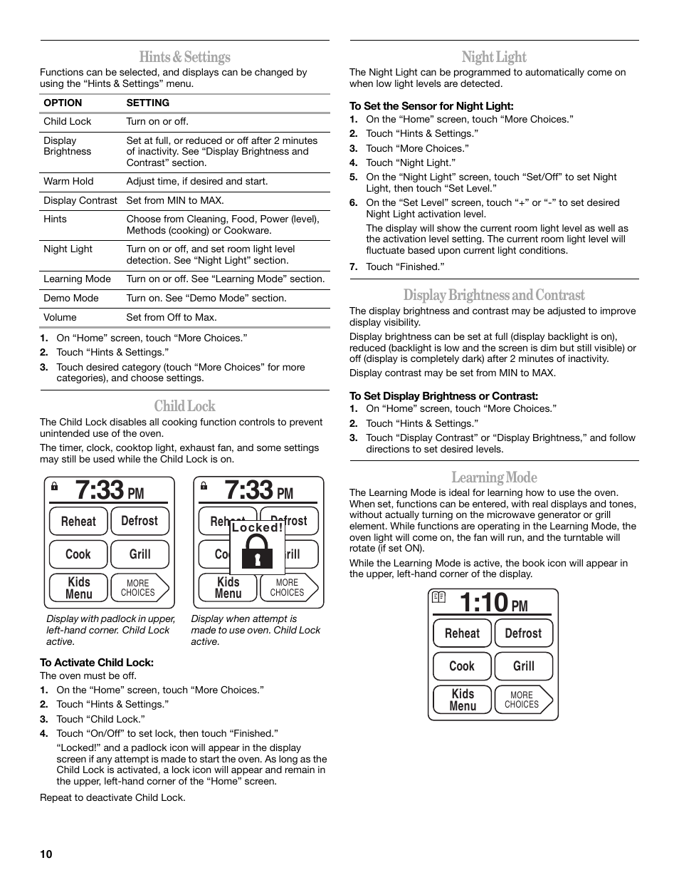 Hints & settings, Child lock, Night light | Display brightness and contrast, Learning mode | Whirlpool GH6177XP User Manual | Page 10 / 24
