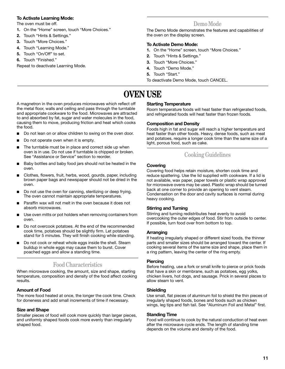 Oven use, Demo mode, Food characteristics | Cooking guidelines | Whirlpool GH6177XP User Manual | Page 11 / 24