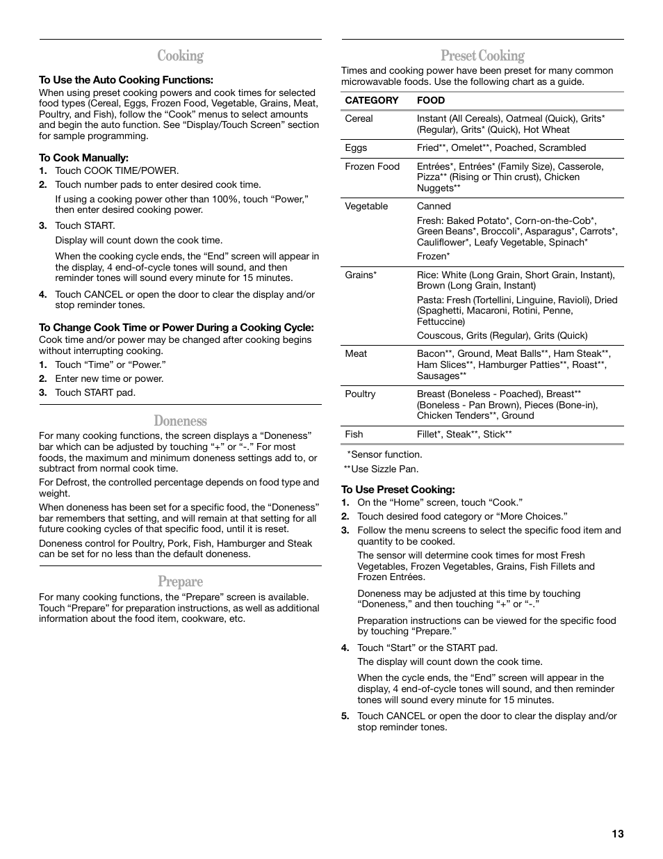 Cooking, Doneness, Prepare | Preset cooking | Whirlpool GH6177XP User Manual | Page 13 / 24