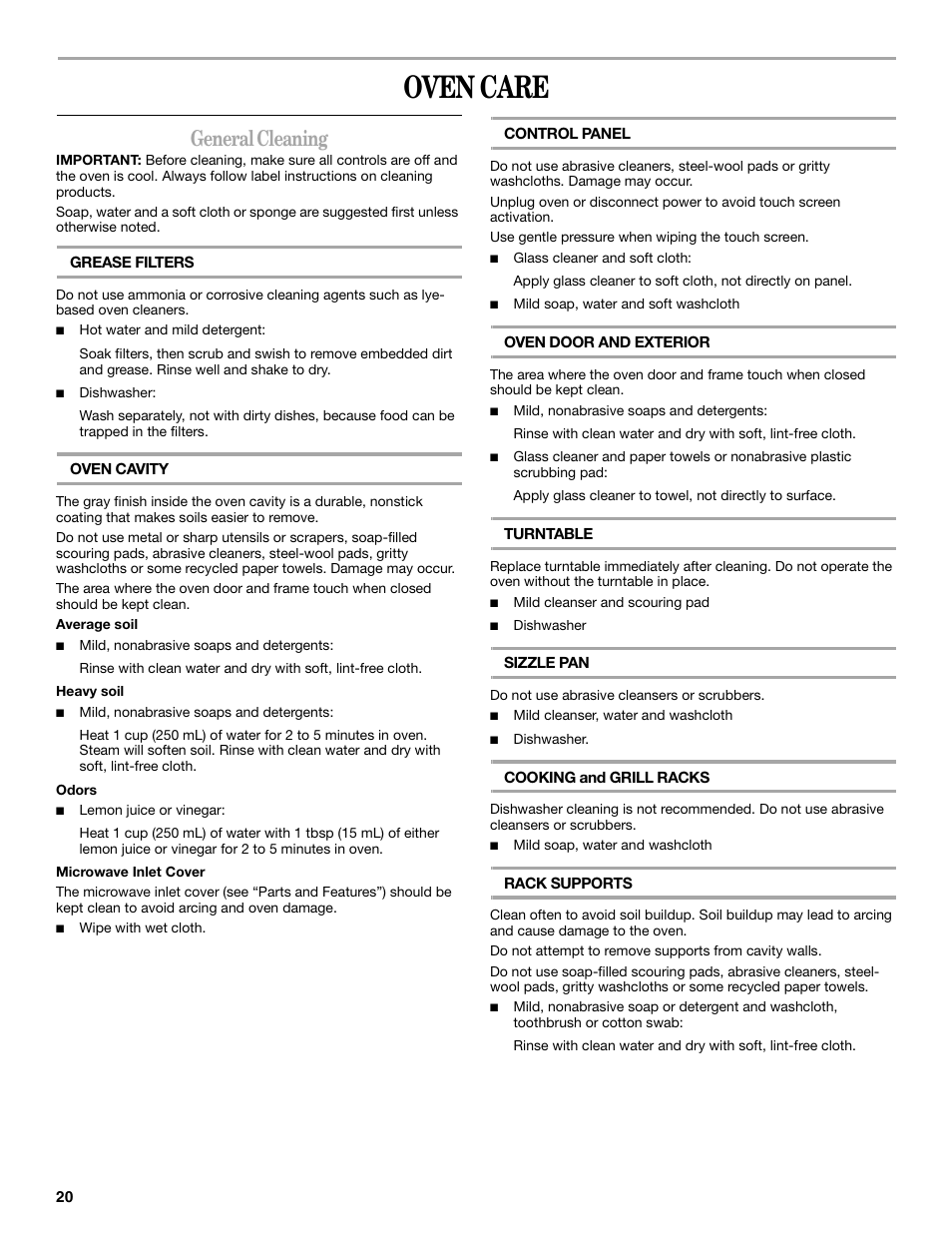 Oven care, General cleaning | Whirlpool GH6177XP User Manual | Page 20 / 24