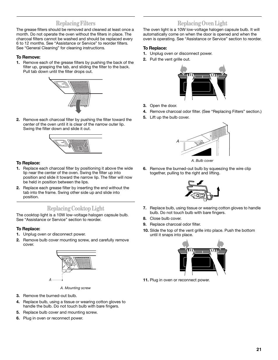 Replacing filters, Replacing cooktop light, Replacing oven light | Whirlpool GH6177XP User Manual | Page 21 / 24