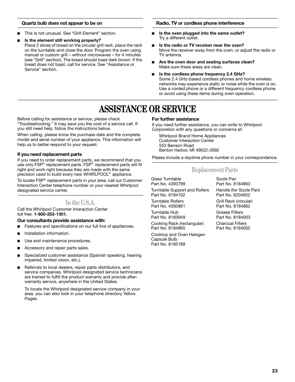 Assistance or service, Replacement parts | Whirlpool GH6177XP User Manual | Page 23 / 24