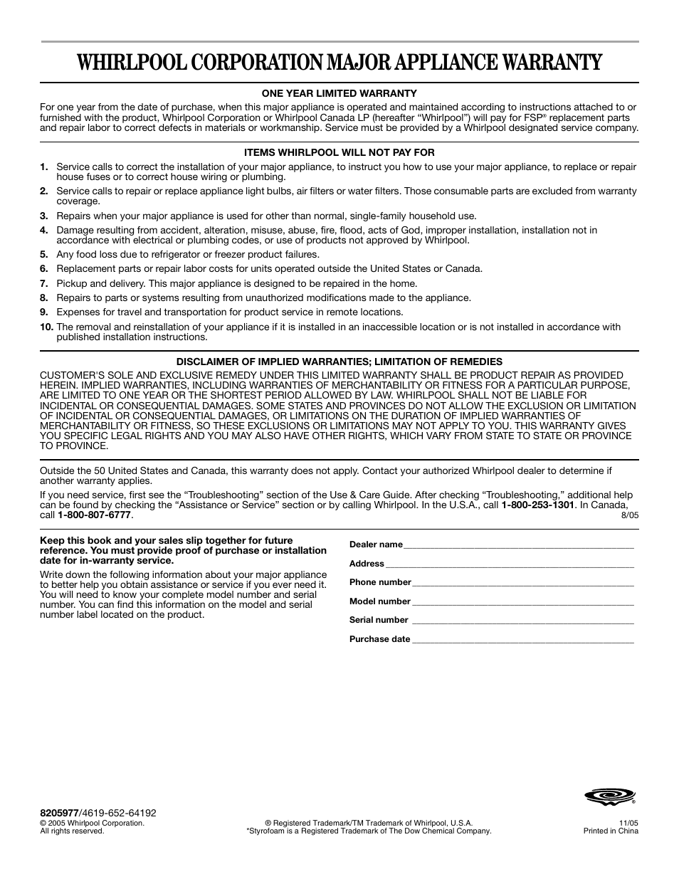 Whirlpool corporation major appliance warranty | Whirlpool GH6177XP User Manual | Page 24 / 24