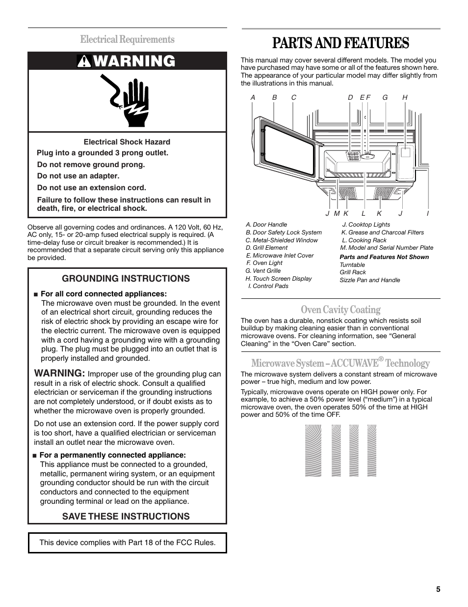 Parts and features, Warning, Electrical requirements | Oven cavity coating, Microwave system – accuwave, Technology | Whirlpool GH6177XP User Manual | Page 5 / 24