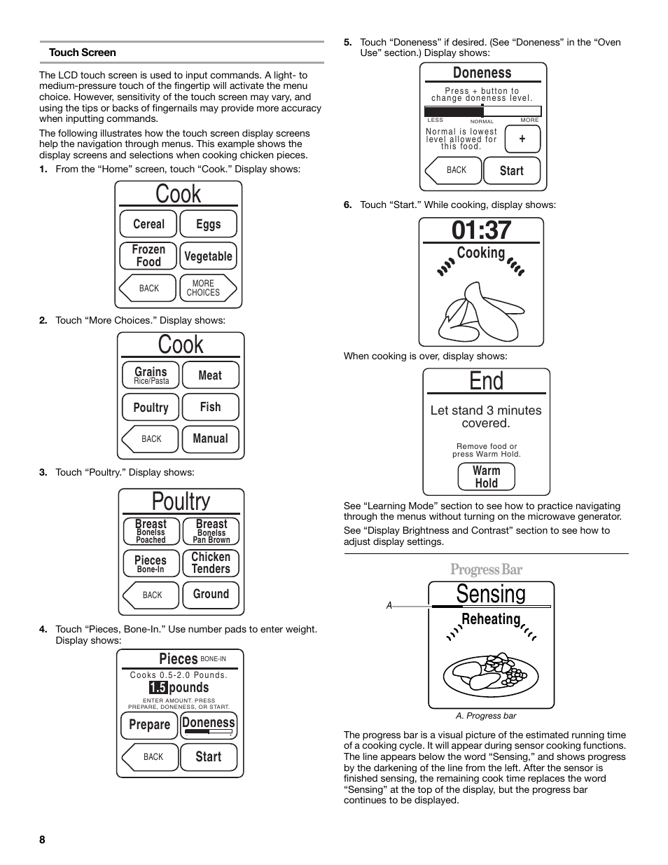 Cook, Poultr, Sensin | Pieces, Doneness, Cooking, Reheating, Progress bar | Whirlpool GH6177XP User Manual | Page 8 / 24