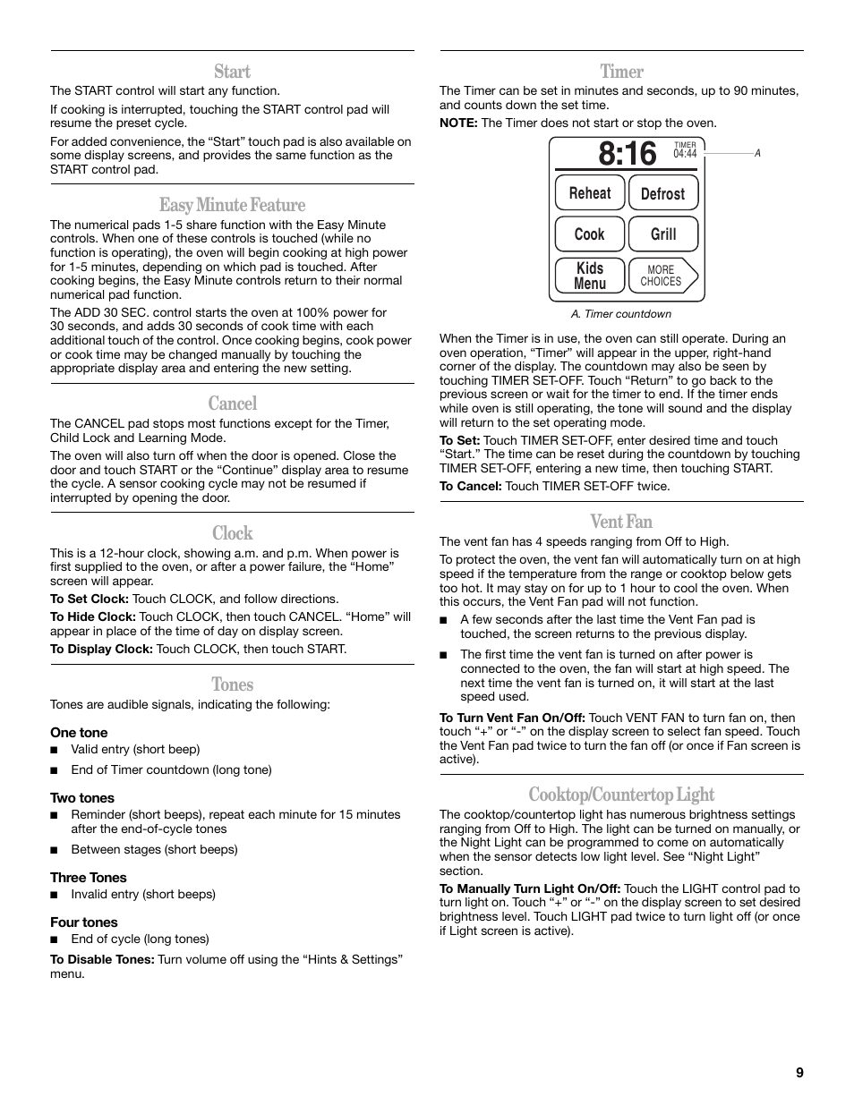 Start, Easy minute feature, Cancel | Clock, Tones, Timer, Vent fan, Cooktop/countertop light | Whirlpool GH6177XP User Manual | Page 9 / 24