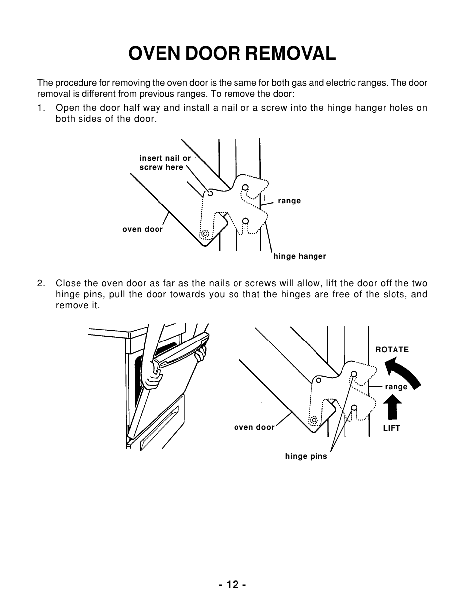 Oven door removal | Whirlpool 465 User Manual | Page 14 / 32