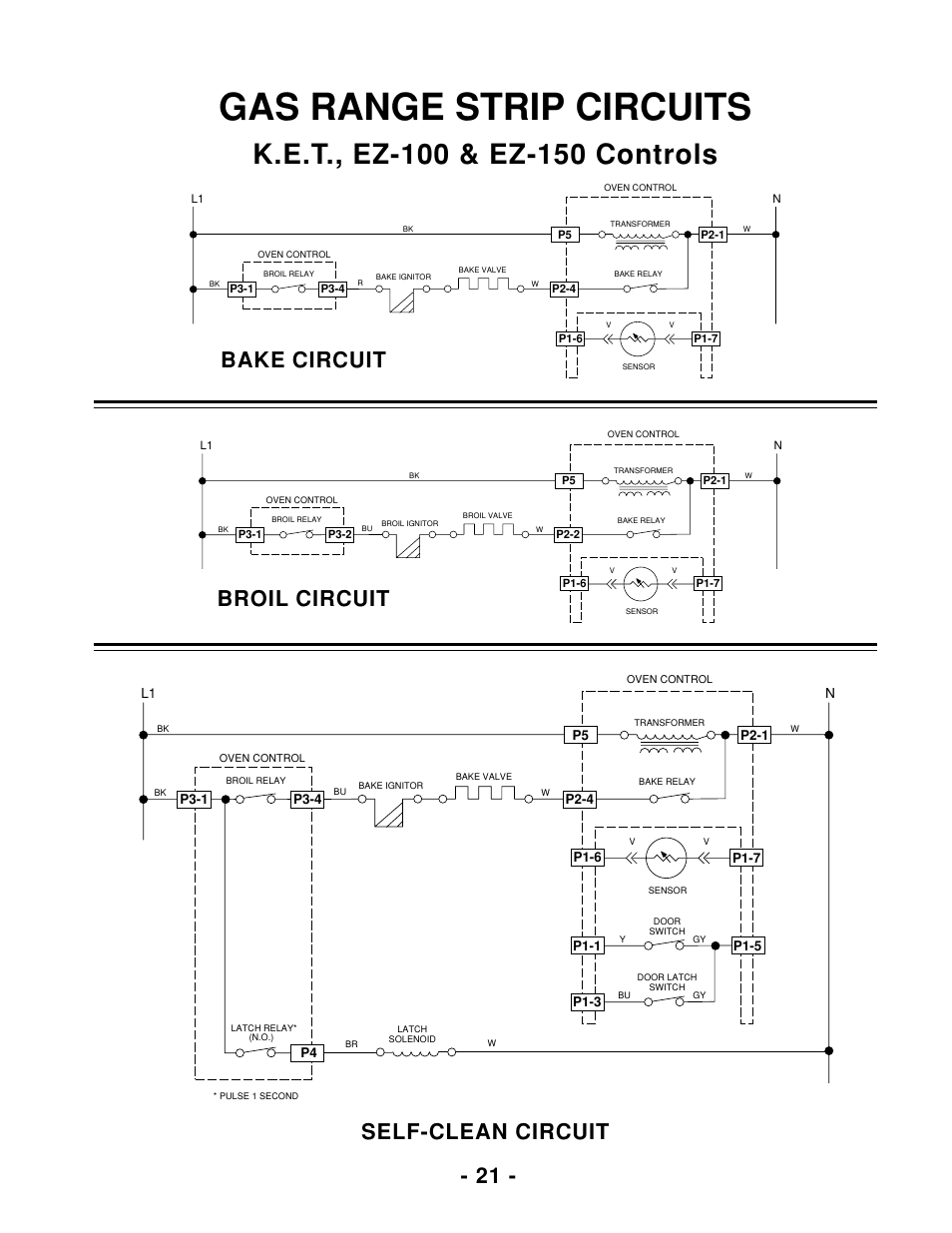 Gas range strip circuits, Self-clean circuit, Broil circuit bake circuit | Whirlpool 465 User Manual | Page 23 / 32
