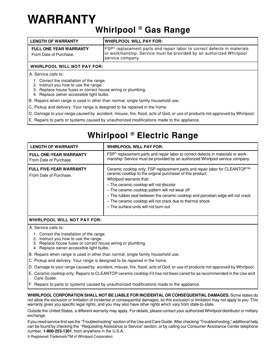 Warranty, Whirlpool, Electric range | Gas range | Whirlpool 465 User Manual | Page 31 / 32