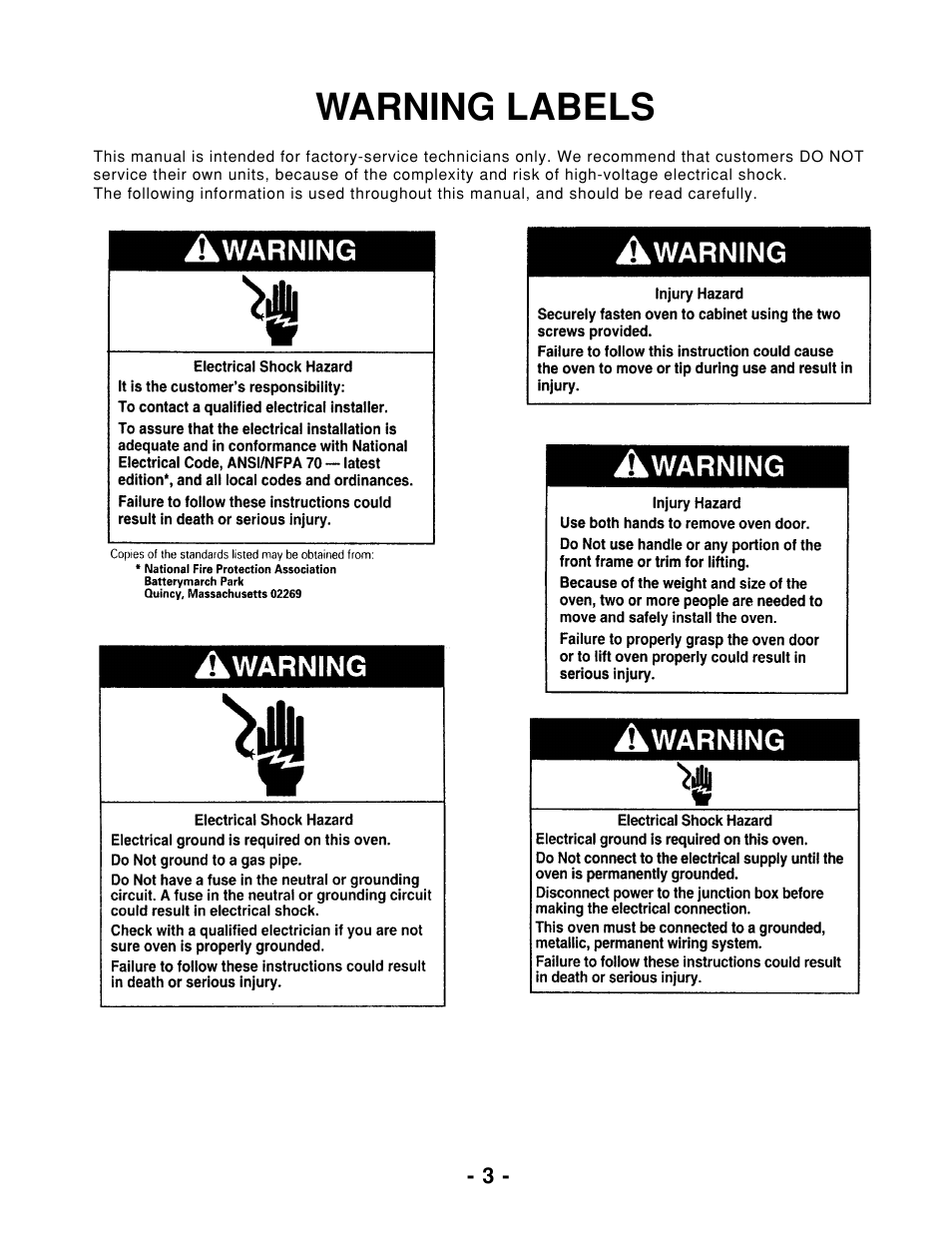 Warning labels | Whirlpool 465 User Manual | Page 5 / 32
