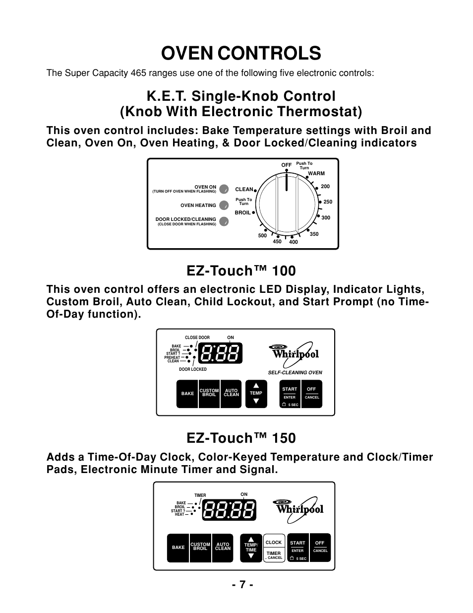 Oven controls, Ez-touch™ 150, Ez-touch™ 100 | Whirlpool 465 User Manual | Page 9 / 32