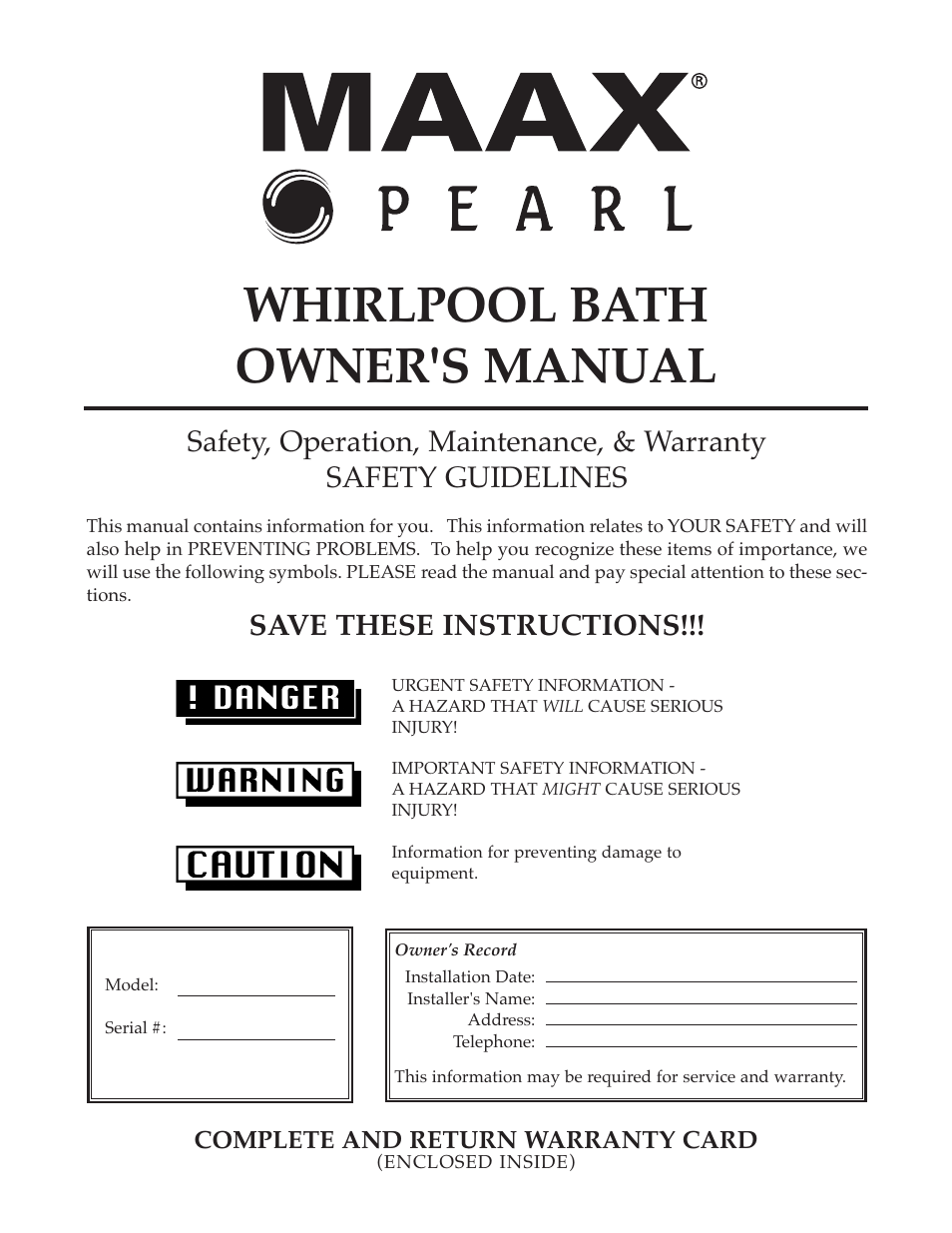Whirlpool Maax Pearl Hot Tub User Manual | 16 pages