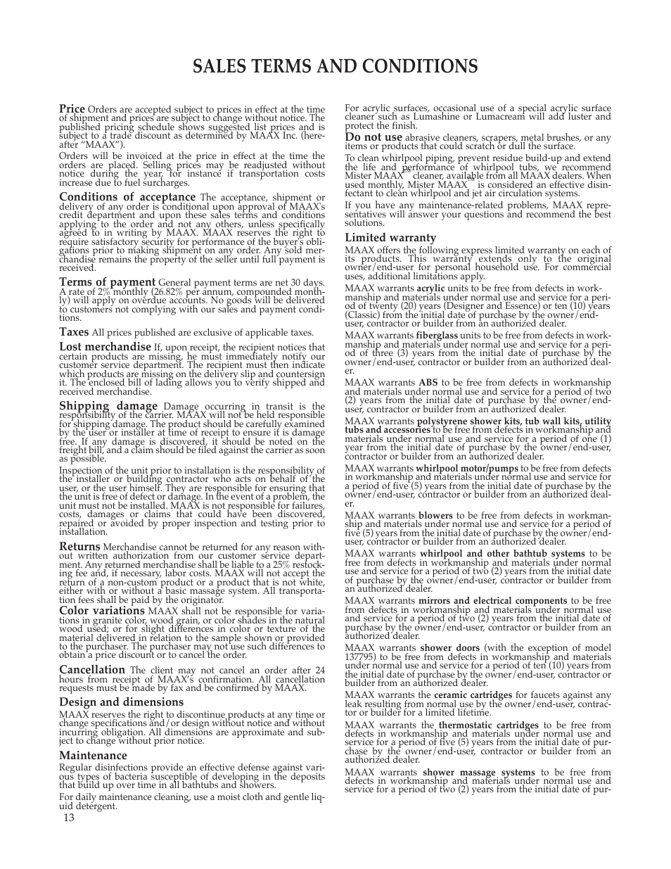 Sales terms and conditions | Whirlpool Maax Pearl Hot Tub User Manual | Page 14 / 16