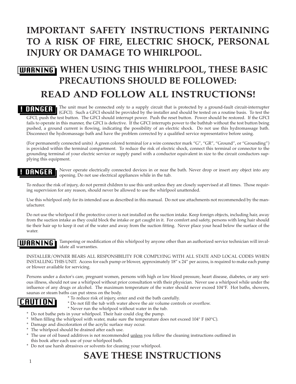 Save these instructions | Whirlpool Maax Pearl Hot Tub User Manual | Page 2 / 16