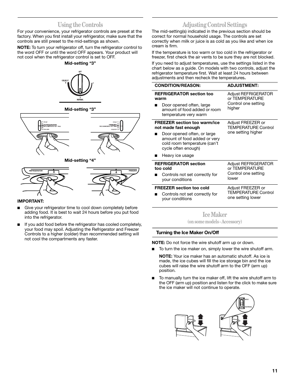 Using the controls, Adjusting control settings, Ice maker | On some models - accessory) | Whirlpool 8ET8MTKXKT04 User Manual | Page 11 / 20