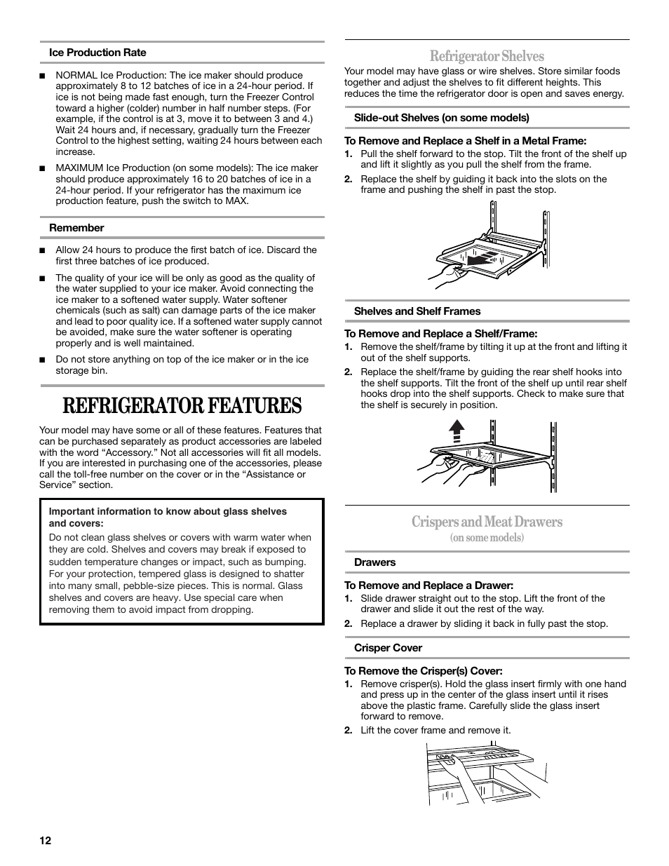 Refrigerator features, Refrigerator shelves, Crispers and meat drawers | Whirlpool 8ET8MTKXKT04 User Manual | Page 12 / 20