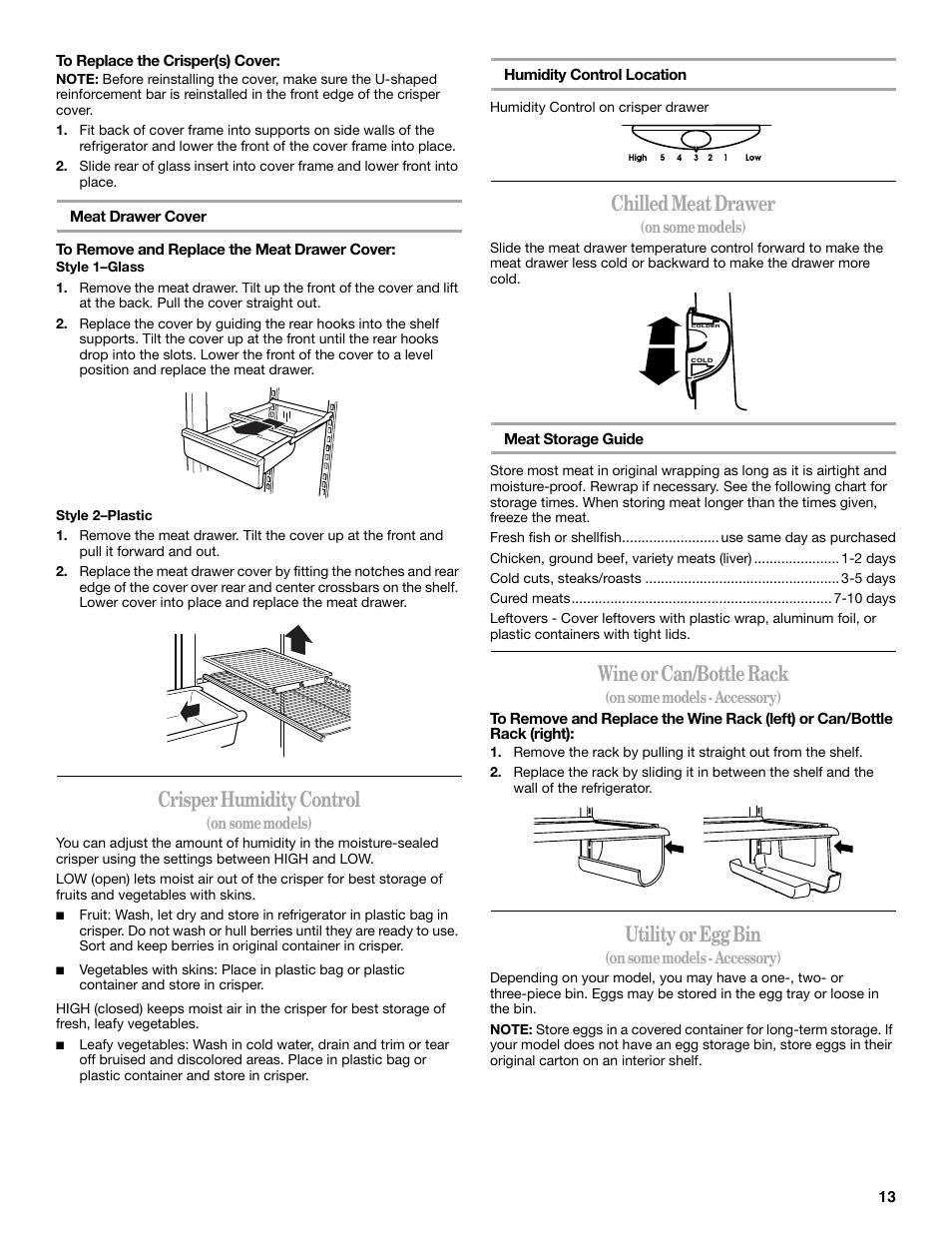 Crisper humidity control, Chilled meat drawer, Wine or can/bottle rack | Utility or egg bin | Whirlpool 8ET8MTKXKT04 User Manual | Page 13 / 20