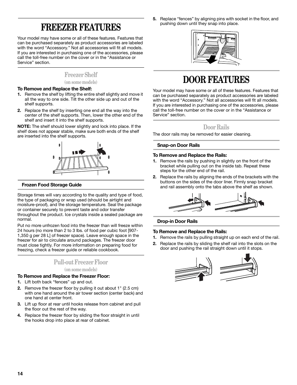 Freezer features, Door features, Freezer shelf | Pull-out freezer floor, Door rails | Whirlpool 8ET8MTKXKT04 User Manual | Page 14 / 20