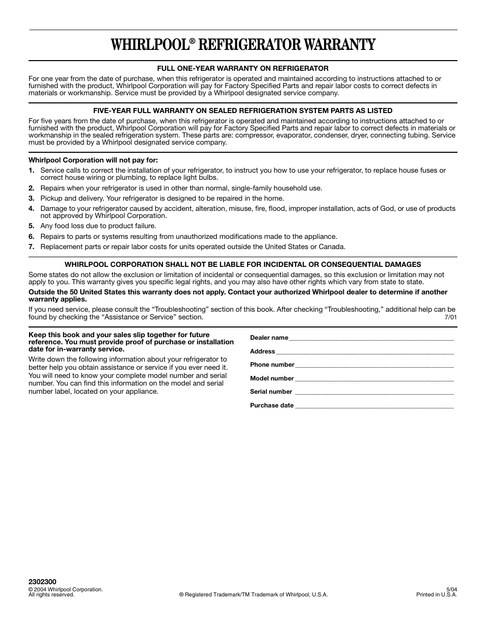 Whirlpool, Refrigerator warranty | Whirlpool 8ET8MTKXKT04 User Manual | Page 20 / 20