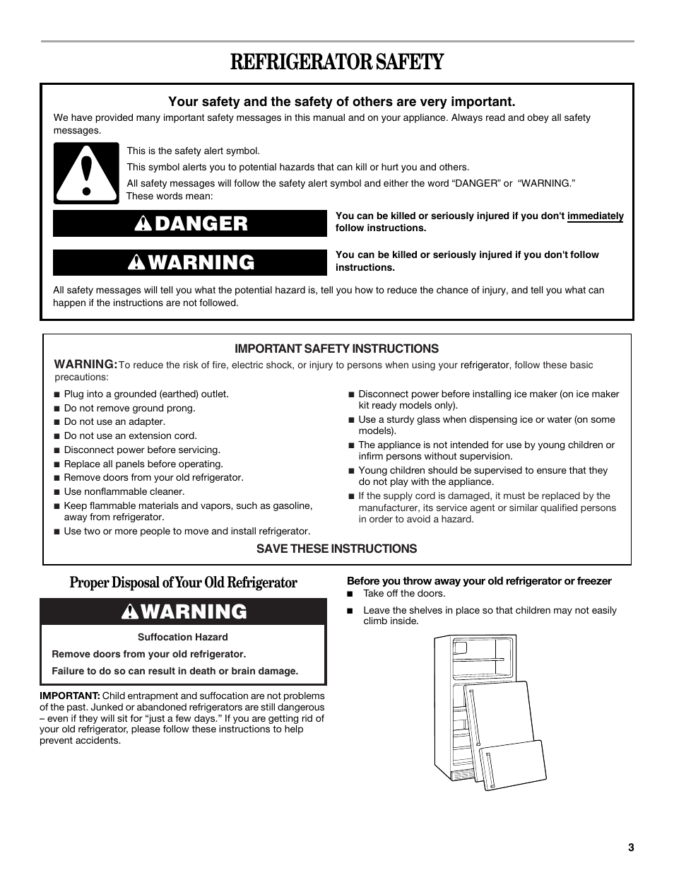 Refrigerator, Safety, Danger warning | Warning, Proper disposal of your old refrigerator | Whirlpool 8ET8MTKXKT04 User Manual | Page 3 / 20