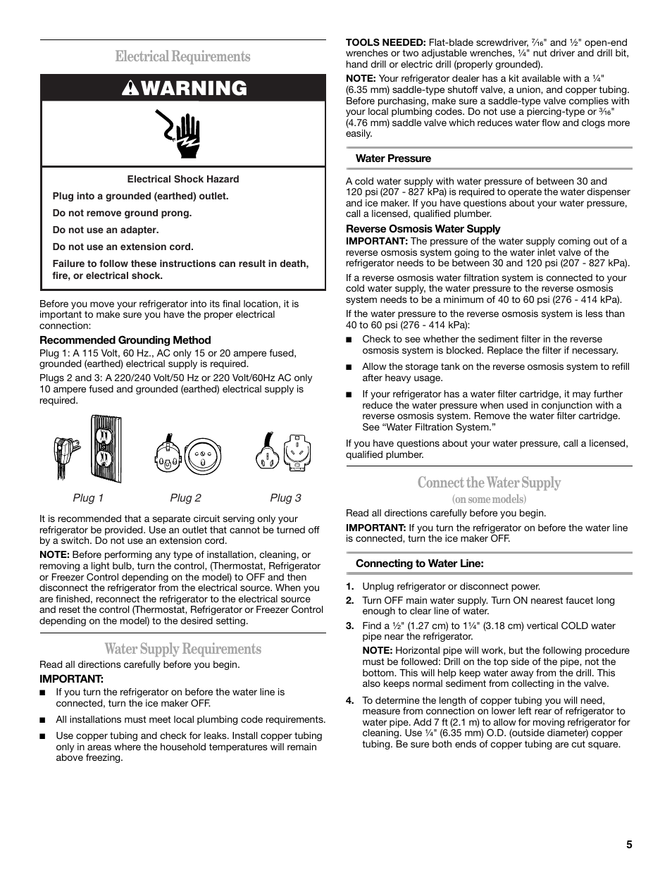 Warning, Electrical requirements, Water supply requirements | Connect the water supply | Whirlpool 8ET8MTKXKT04 User Manual | Page 5 / 20