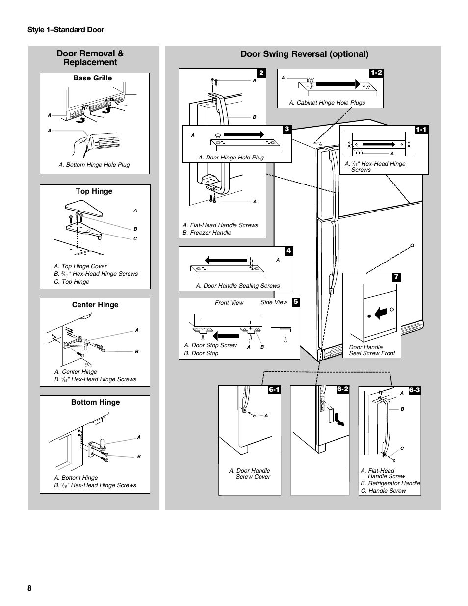 8style 1–standard door, Top hinge bottom hinge center hinge, Base grille | Whirlpool 8ET8MTKXKT04 User Manual | Page 8 / 20