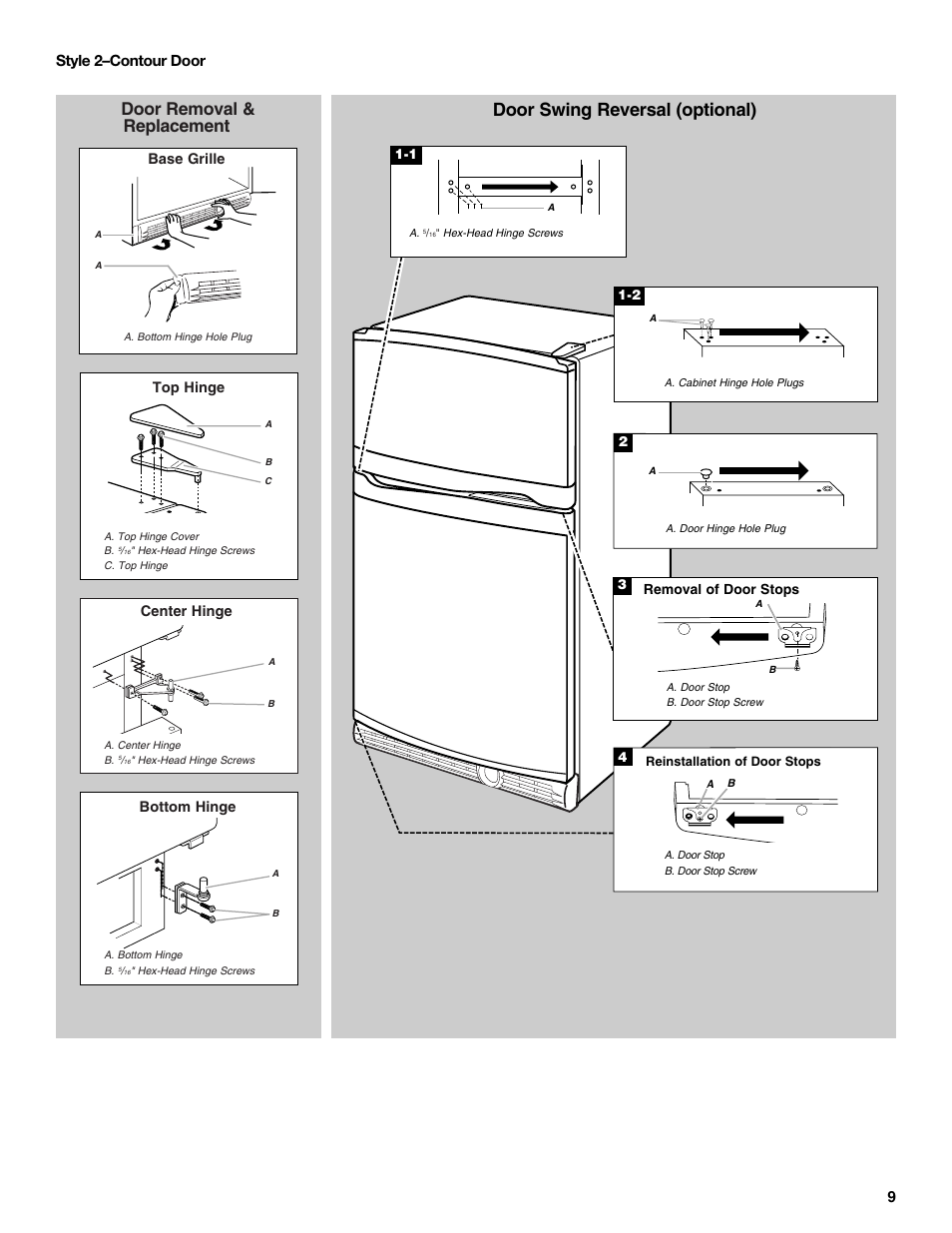 Door swing reversal (optional), Door removal & replacement, 9style 2–contour door | Whirlpool 8ET8MTKXKT04 User Manual | Page 9 / 20