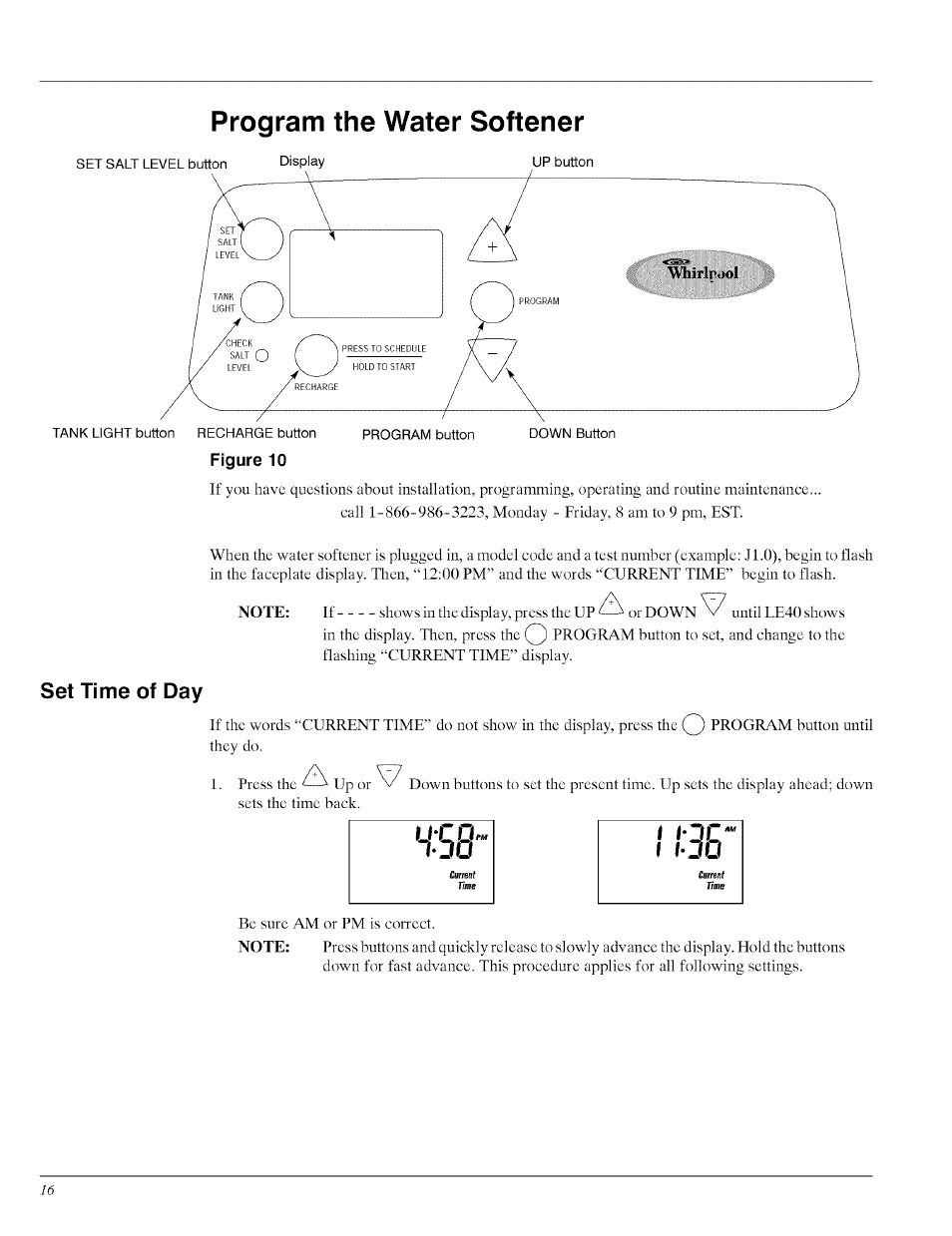 Set time of day, Program the water softener, Uco™ 1 (ou | Whirlpool WHES40 User Manual | Page 16 / 36