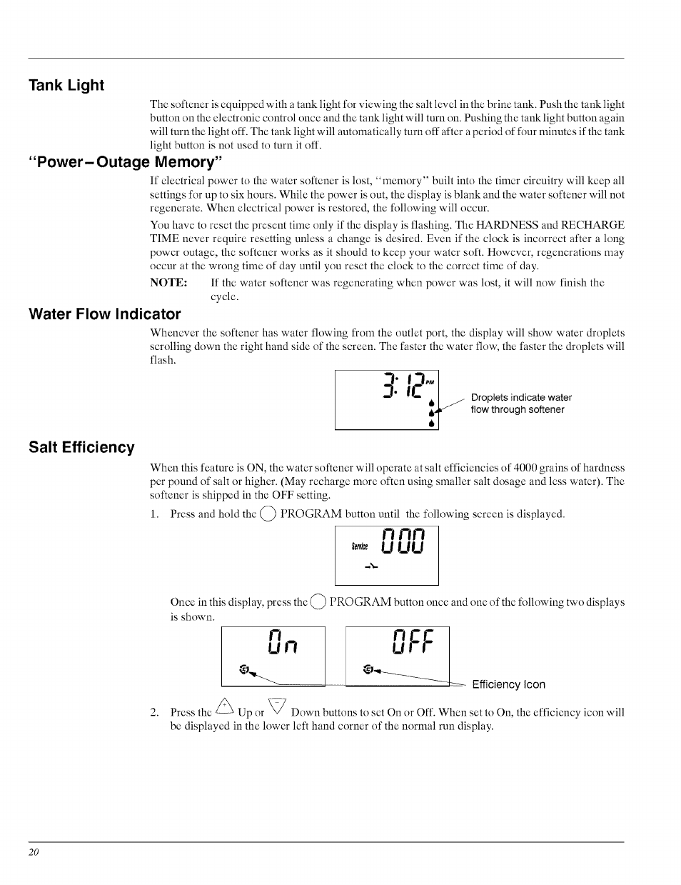 Tank light, Power-outage memory, Water flow indicator | Salt efficiency, N nn, J fjfj | Whirlpool WHES40 User Manual | Page 20 / 36