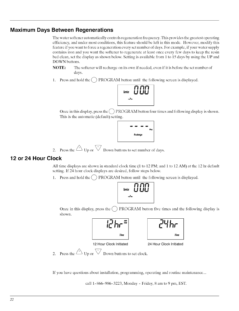 Maximum days between regenerations, 12 or 24 hour clock, Icnr pul^ c inr | Whirlpool WHES40 User Manual | Page 22 / 36