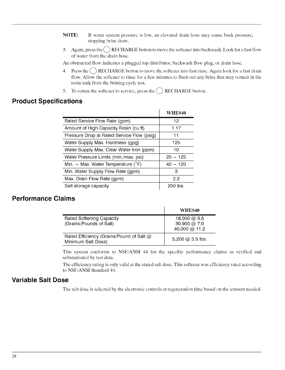 Product specifications, Performance claims, Variable salt dose | Whirlpool WHES40 User Manual | Page 28 / 36
