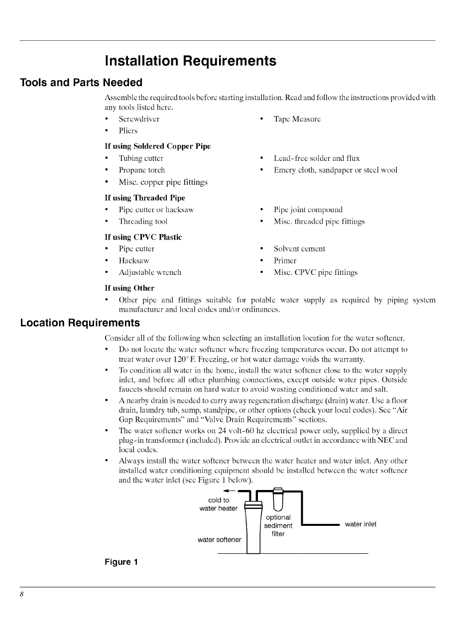 Tools and parts needed, Location requirements, Installation requirements | Whirlpool WHES40 User Manual | Page 8 / 36