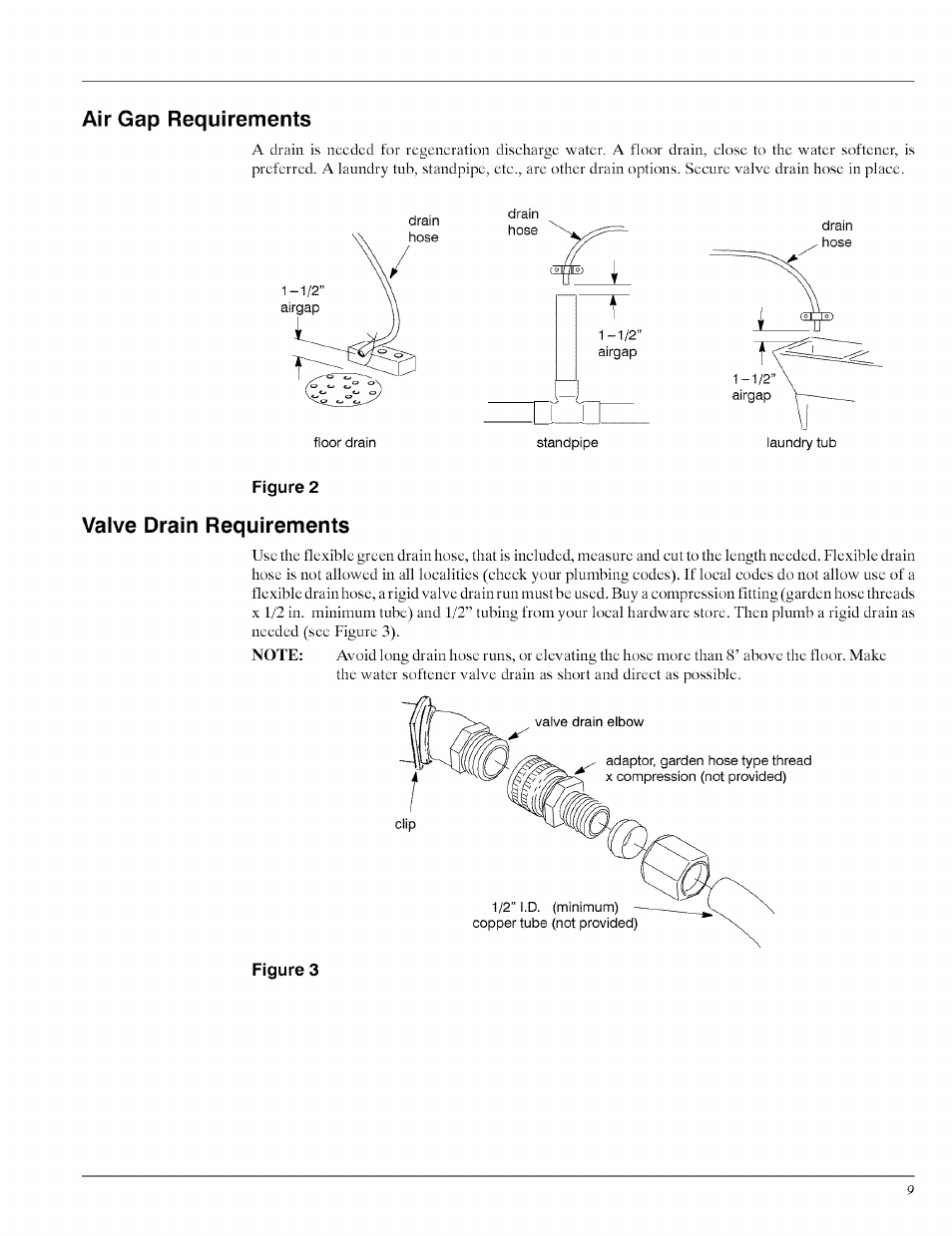 Air gap requirements, Valve drain requirements, Location requirements | Whirlpool WHES40 User Manual | Page 9 / 36