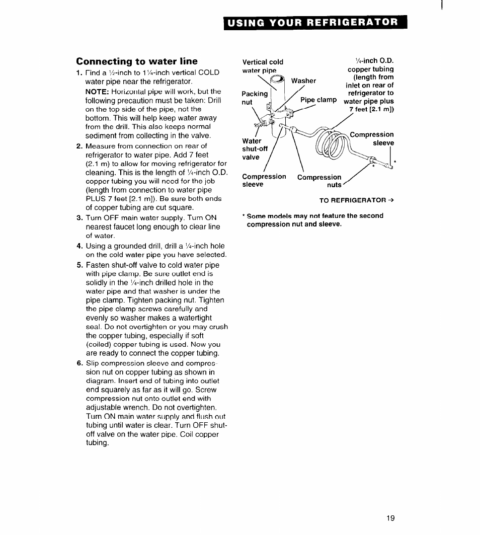 Connecting to water line, Using your refrigerator | Whirlpool FREEZERS User Manual | Page 19 / 36