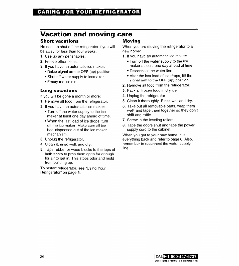 Vacation and moving, Short vacations, Long vacations | Care, Moving | Whirlpool FREEZERS User Manual | Page 26 / 36