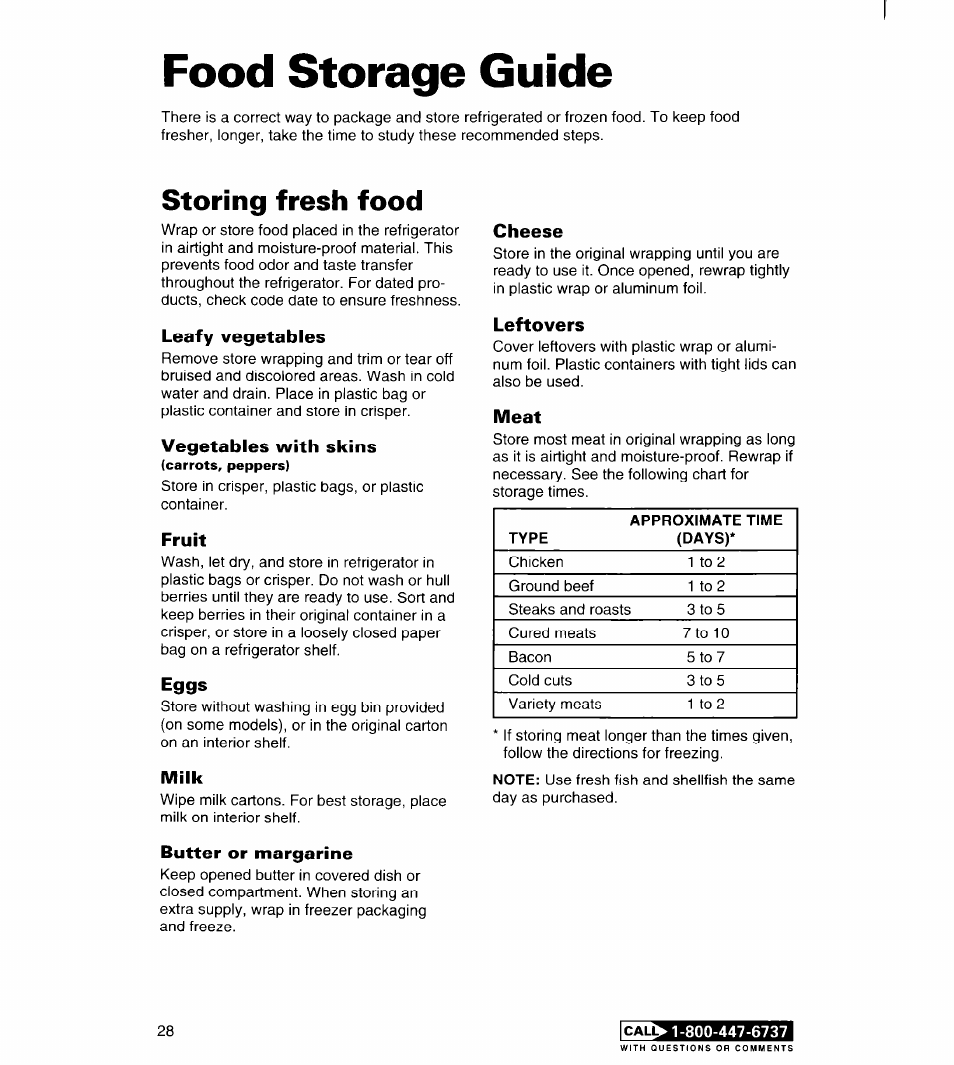 Food storage guide, Storing fresh food, Leafy vegetables | Vegetables with skins, Fruit, Eggs, Milk, Butter or margarine, Cheese, Leftovers | Whirlpool FREEZERS User Manual | Page 28 / 36