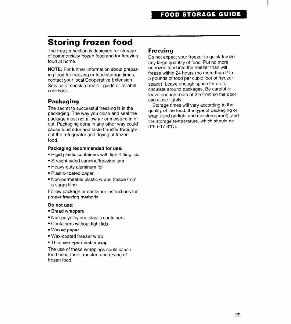 Storing frozen food, Packaging, Do not use | Freezing | Whirlpool FREEZERS User Manual | Page 29 / 36