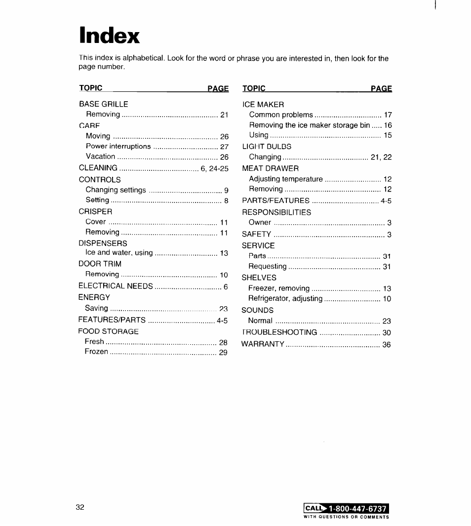 Index | Whirlpool FREEZERS User Manual | Page 32 / 36