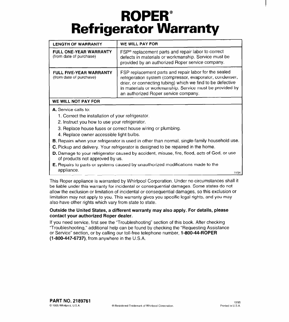 Ropera, Refrigerator warranty, Part no. 2189761 | Refrigerator safety, Ropera refrigerator warranty | Whirlpool FREEZERS User Manual | Page 36 / 36