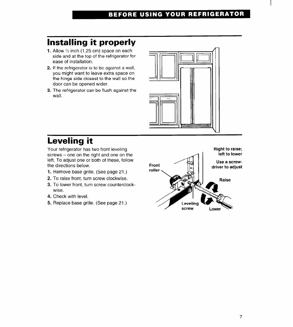 Installing it properly, Leveling it | Whirlpool FREEZERS User Manual | Page 7 / 36