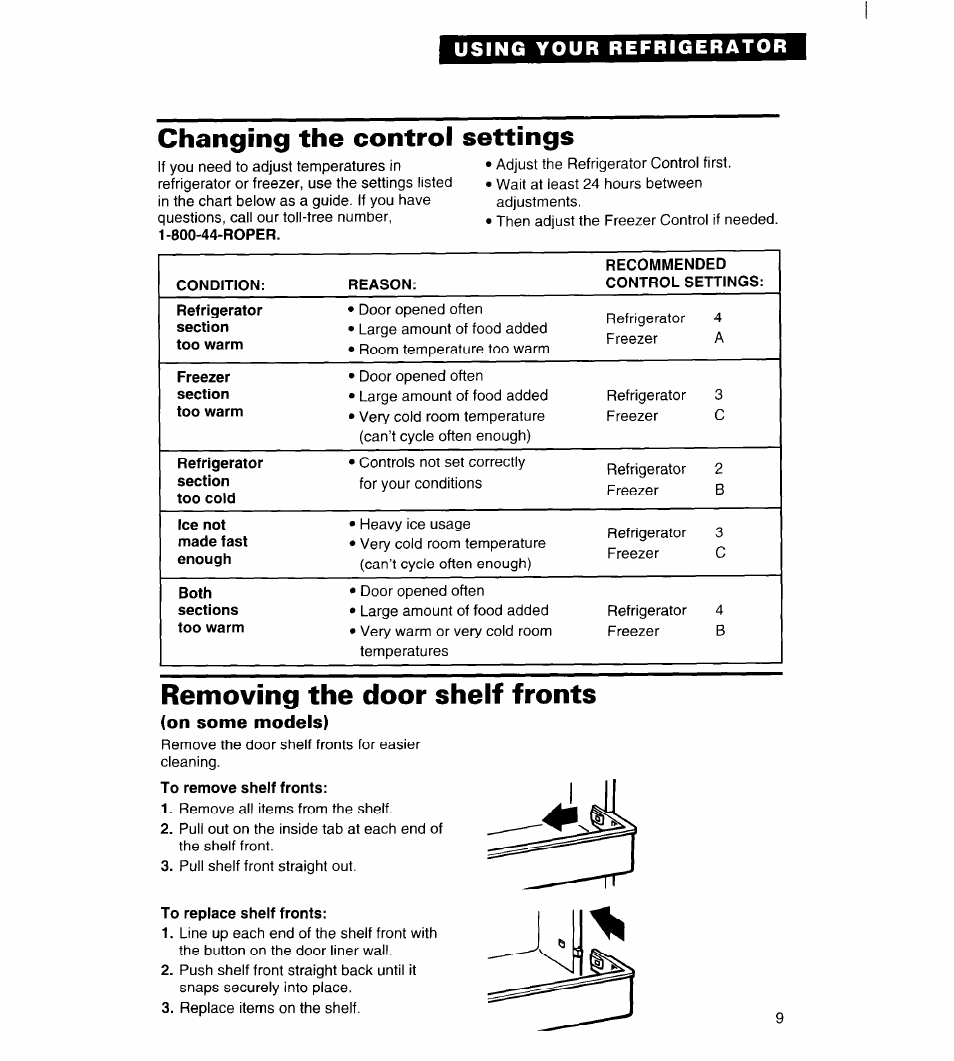 Changing the control settings, Removing the door shelf fronts, On some models) | To remove shelf fronts, To replace shelf fronts | Whirlpool FREEZERS User Manual | Page 9 / 36