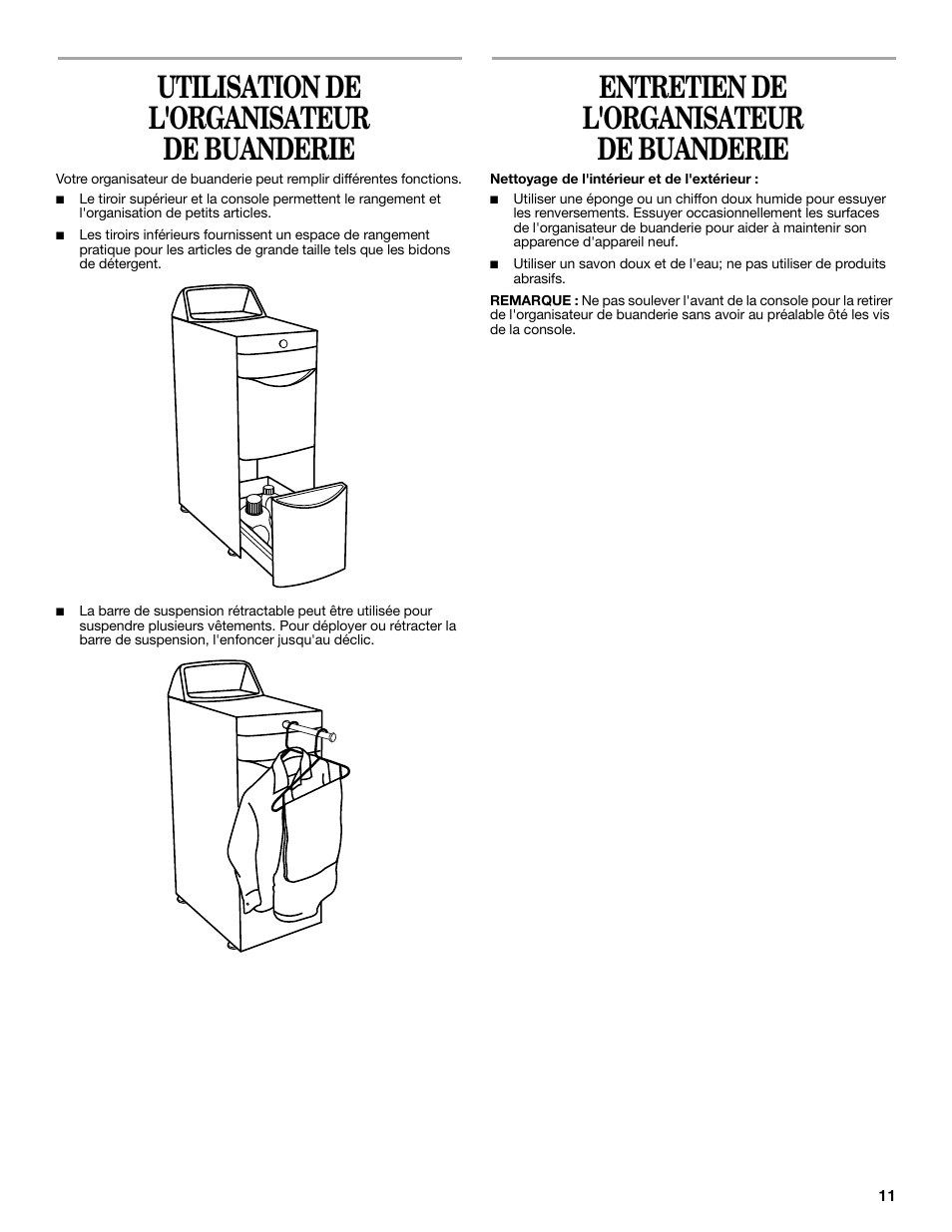 Utilisation de l'organisateur de buanderie, Entretien de l'organisateur de buanderie | Whirlpool Laundry Tower User Manual | Page 11 / 12